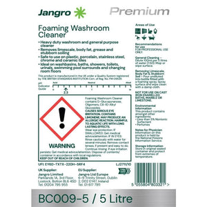Jangro Premium Foaming Washroom Cleaner – safety and usage instructions label.