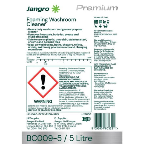 Jangro Premium Foaming Washroom Cleaner – safety and usage instructions label.