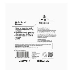 Jangro White Board Cleaner 750ml – usage instructions and safety information label.