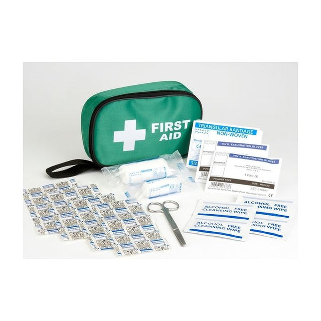 Vehicle First Aid Kit in Bag - includes bandages, gloves, wipes, and scissors.