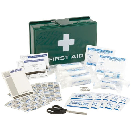 Vehicle First Aid Kit Box - HSE Compliant Coach & Taxi Kit with various medical supplies.