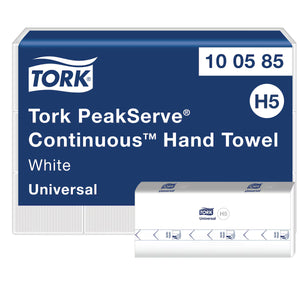 Tork PeakServe H5 Continuous Hand Towels packaging – high capacity, white, 1 ply.