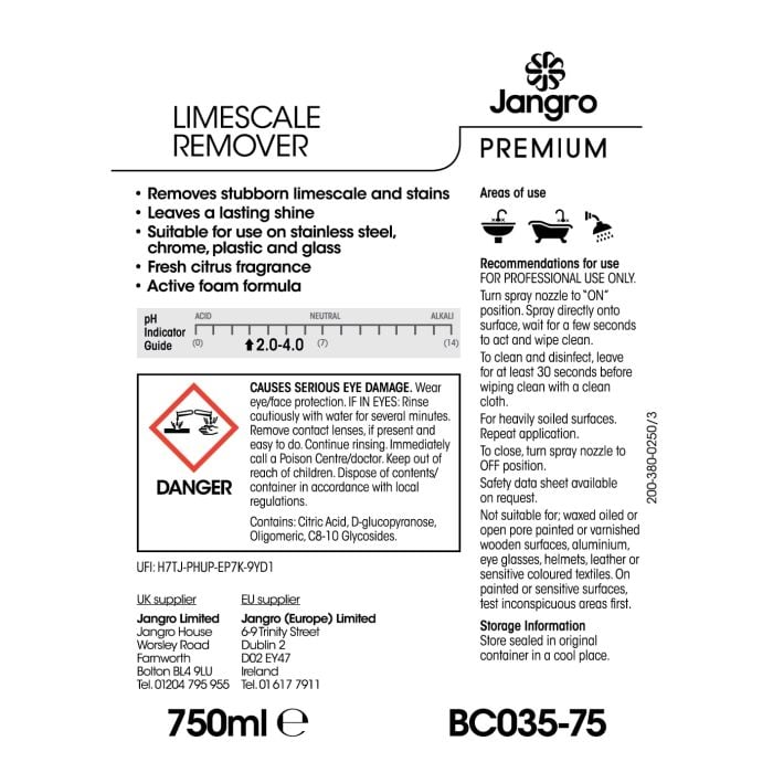Jangro Premium Limescale Remover 750ml – safety and usage instructions label.