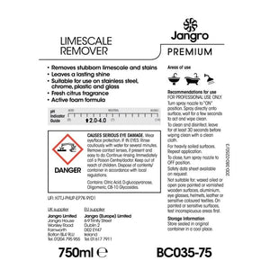 Jangro Premium Limescale Remover 750ml – safety and usage instructions label.