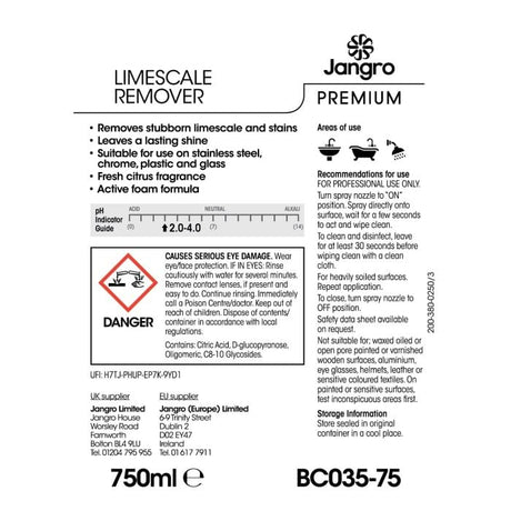 Jangro Premium Limescale Remover 750ml – safety and usage instructions label.