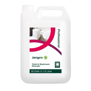 Jangro Professional Toilet & Washroom Cleaner Descaler 5L – product packaging with usage details.