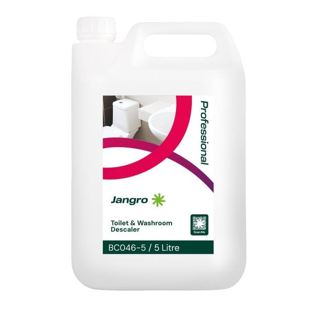 Jangro Professional Toilet & Washroom Cleaner Descaler 5L – product packaging with usage details.