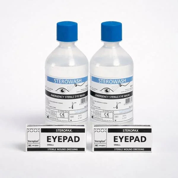 Sterowash Eyewash Station Refill 500ml bottles with Steropax Eyepad dressings.
