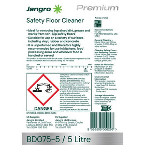 Safety information label for Jangro Premium Safety Floor Cleaner 5L, including usage and hazard details.