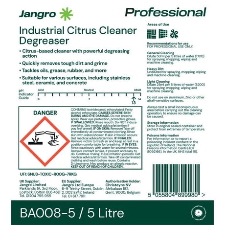 Safety and usage label for Jangro Industrial Citrus Cleaner Degreaser 5L.