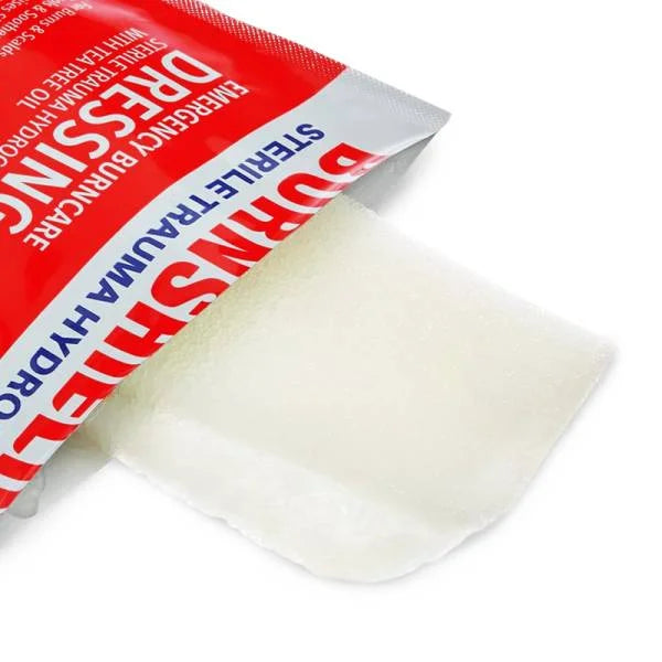 Steroplast Burnshield Dressing 10x10cm – hydrogel burn care packaging with dressing visible.