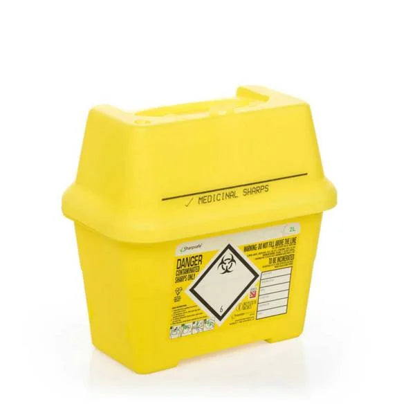 Steroplast 2L Sharps Container – lockable clinical waste bin with hazard warning label.