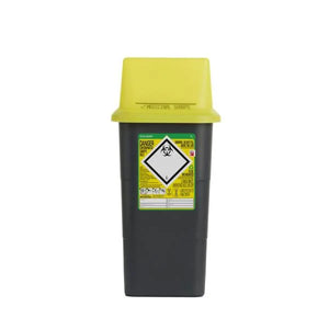 Steroplast 7L Sharps Bin with yellow lid – clinical waste container with hazard label.