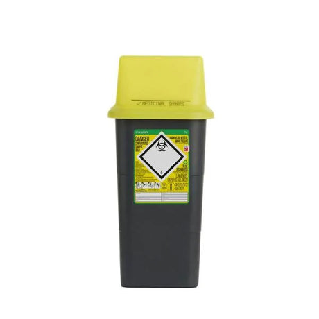 Steroplast 7L Sharps Bin with yellow lid – clinical waste container with hazard label.