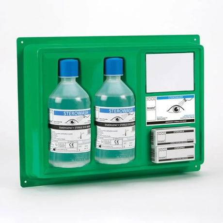 Steroplast Eyewash Station 500ml - wall-mounted unit with two bottles and labels.