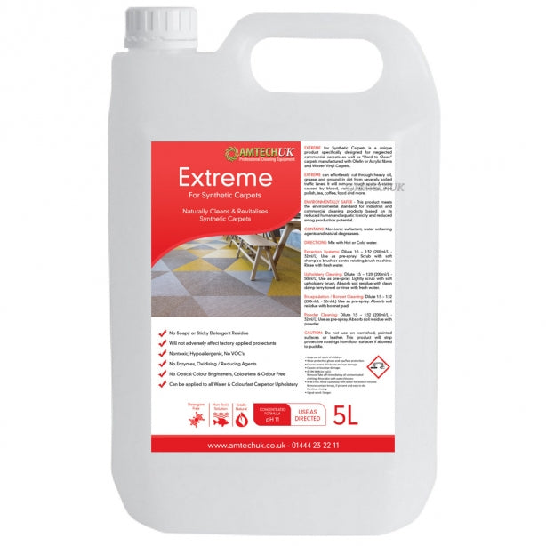 Amtech Extreme Synthetic Carpet Cleaner 5L – heavy-duty cleaning solution packaging and instructions.